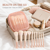 Ensemble de 10 pinceaux de maquillage de voyage miniatures avec logo personnalisé, pochette à fermeture éclair rose, kit de pinceaux cosmétiques portable