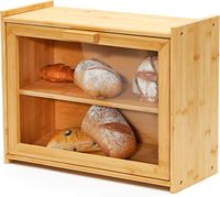 Boîte de rangement à pain en bambou à 2 niveaux avec fenêtre transparente, dessus plat, étagère de rangement supplémentaire, boîte à pain pour comptoir, pour le rangement des aliments dans la cuisine