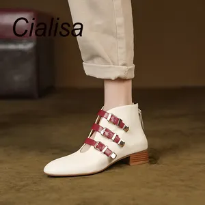 Cialisa รองเท้าบูทหนังวัวแท้หรูหราสีเบจ,รองเท้าผู้หญิงซิปสูงขึ้นรองเท้าหุ้มข้อสั้นสำหรับสไตล์ใหม่