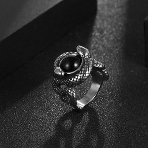 Anillo Doble de Serpiente con Engaste de Gema Negra, Joyería de Moda para Hombre SA1144 - Product Image 3