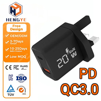 Chargeur rapide GaN 20W OEM, bloc de charge Type C, double port PD3.0 QC3.0, prise UK, chargeur USB-C 20W, chargeur mobile