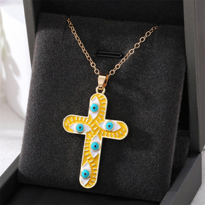 Collar Bohemio Étnico con Diseño de Ojo del Diablo, Cadena de Suéter con Ojo de Pestaña Colorido con Efecto de Goteo de Aceite, Colgante de Cruz - Product Image 6