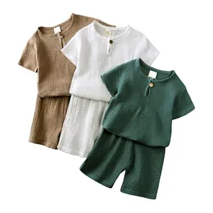 Summer Solid Colored Cotton Round Neck Short Sleeved Shorts Set For Baby Kids Clothes Set