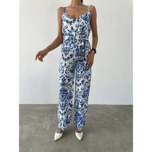 Mono de chifón con cuello en V y tirantes para mujer, de cintura alta, sin mangas, informal, transpirable, estampado, para playa - Product Image 3