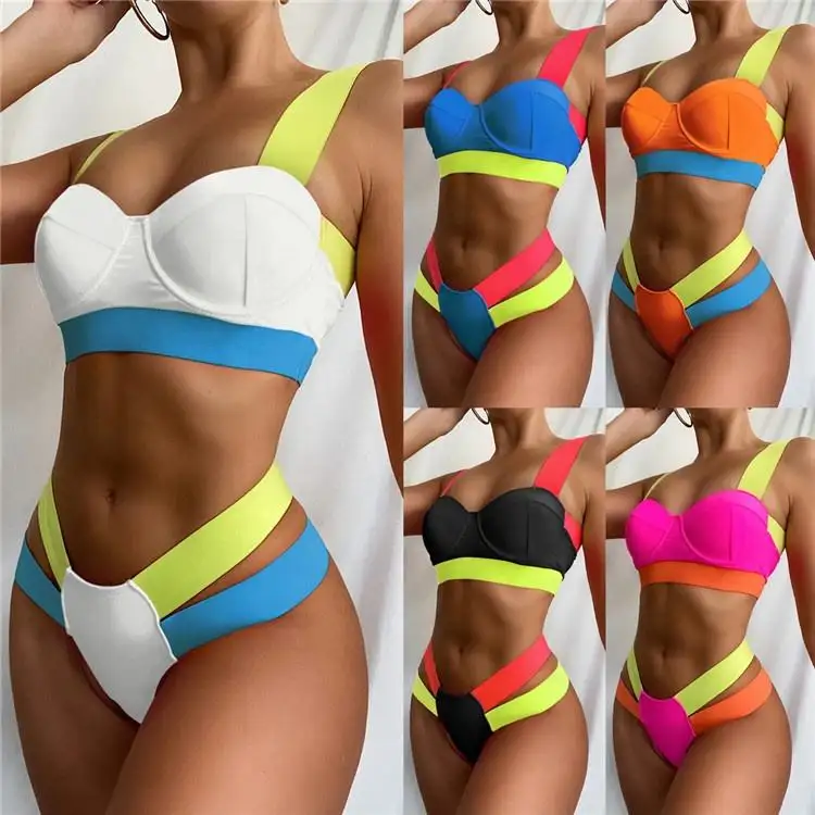 2021 Pita Warna Baju Renang Seksi Perban Patchwork Bikini Wanita Berpinggang Tinggi