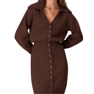 Vestidos de Mujer Personalizados de Alta Calidad, Vestidos Tipo Jumper de Un Solo Pecho, Vestidos de Punto de Manga Larga con Solapa en Color Sólido para Otoño e Invierno - Product Image 1