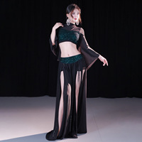 Costume de danse orientale en maille à porter de deux façons pour femme, avec haut à sequins, manches longues en maille et fente haute, pour scène et compétition