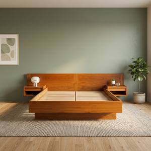 Modern Minimalist Teak Solid Wood Platform Bed Frame with <b>Floating</b> <b>Nightstands</b> and Custom Color Contemporary Bedroom Furniture - Product Image 3