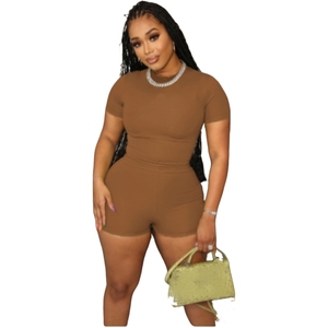 Pantalones cortos informales de manga corta para <span class=keywords><strong>mujer</strong></span> europea <span class=keywords><strong>americana</strong></span>, conjunto de dos piezas, <span class=keywords><strong>colores</strong></span> caramelo, estilo deportivo sólido, ropa transfronteriza - Product Image 5
