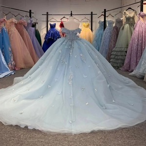 Sky Blue Off The Shoulder Ball Gown With Beading Empire Waistline Sweetheart Neckline Chiffon Wedding Dress - Product Image 2