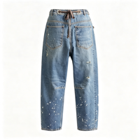 Jean ample en denim pour femme, style bohème, à effet éclaboussures de peinture, coupe baril, à enfiler, longueur cheville, décontracté