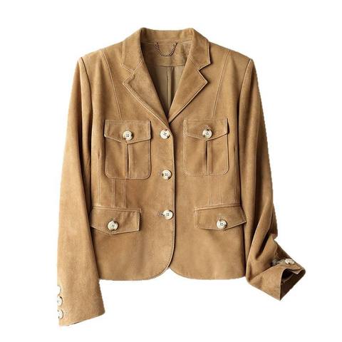 5186 Womens Fall Fashion 2026 New Goat Leather Suede Single Breasted Lapel Suit Short Woman Sheepskin Jacket for Women