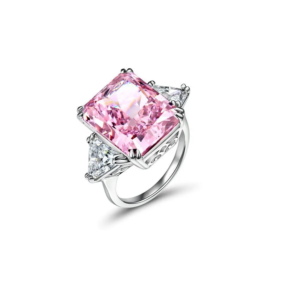 Fine Jewelry 925 Sterling Silver Rhodium Plated Pink Crushed Ice Emerald Cut Three Stone Engagement Ring