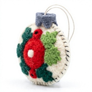Handmade Eco-Friendly Wool Felt Round <b>Christmas</b> <b>Tree</b> Ornament Holly Red Berry Embroidery Traditional Style Indoor <b>Wall</b> Hanging - Product Image 3