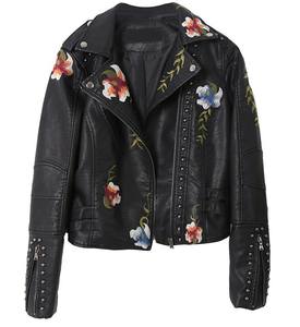 Neue Damen Retro Blumenmuster Stickerei Kunstleder Wendbare Kurze PU-Motorradjacke Schwarz Punk Oberbekleidung mit Nylonfutter - Product Image 2