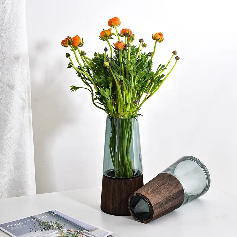 Vasi di fiori in vetro trasparente di lusso con Base in vetro e legno dal Design moderno per la decorazione domestica stabile della composizione floreale