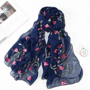 Lace Flower Embroidered Scarf Shawl Lady Luxury Pink Viscose Veil Hijab Bufandas Turkish Dubai Scarves