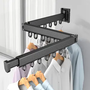 Space aluminum laundry drying rod hook wall hanging rotating telescopic folding drying rack