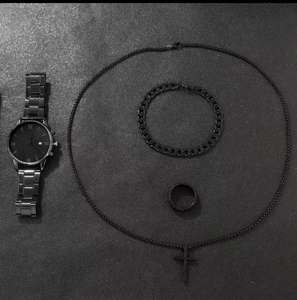 Trendy Erkek Arap Rakamlı İbreli Moda Saati 4 Parçalı Set Siyah Minimalist Quartz 40mm Alaşımlı Cam - Product Image 4