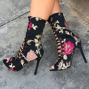 Floral Print Big Size 43 Hollowed Out Women High Thin <b>Heel</b> Mid-calf Boots <b>Round</b> Open <b>Toe</b> Back Zip Half Knee High Women Booties - Product Image 2