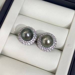 925 Sterling <b>Silver</b> Halo <b>Stud</b> <b>Earrings</b> 10-11mm Natural Color Tahitian Pearl <b>Earrings</b> High Luster Front Flawless Seawater Pearl - Product Image 1