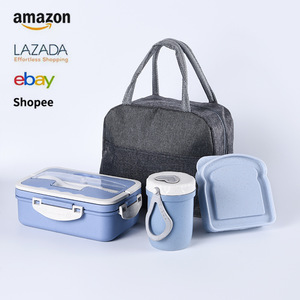 Wheat Straw Lunch Box <b>Set</b> With Container Cup And Bread Case For Student Portable Use - Product Image 2