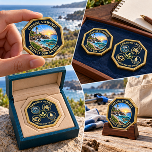 Moneda de desafío octogonal personalizada para la gestión costera, para eventos de conservación oceánica, OEM ODM - Product Image 2