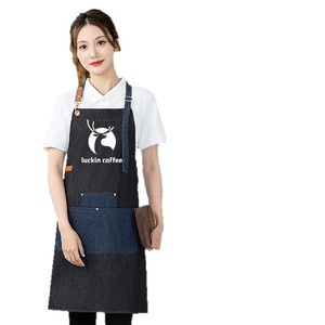 <b>Denim</b> <b>Apron</b> For Restaurant Bar Staff Blue Black Polyester Adjustable With Logo Printing Comfortable Breathable Anti Stain - Product Image 3