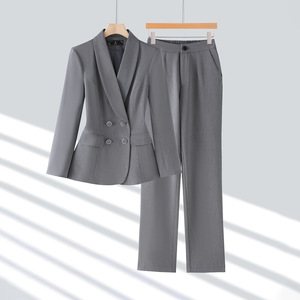 Women's Suit Set Beige Double Breasted Blazer Pants Anti-Wrinkle Spring Autumn Office Wear - Product Image 2