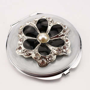Portable Round Silver Chrome Metal Enamel Floral Cosmetic <b>Compact</b> <b>Mirror</b> Dual HD Glass Lens Folding Handbag Vanity <b>Mirror</b> - Product Image 2