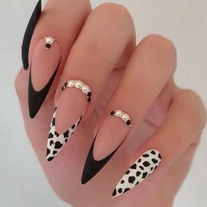 <span class=keywords><strong>Uñas</strong></span> extralargas de estilo francés con tachuelas de diamante, 24 piezas, para dedos con puntas de <span class=keywords><strong>uñas</strong></span> a presión de larga duración - Product Image 3