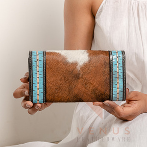 High Quality Women's Genuine Leather Purse Wallet Fashionable <b>Long</b> Design Clutch <b>Bag</b> with Open Closure and Decorative Feathers - Product Image 2