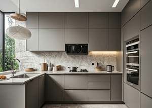 ตู้ครัวโมดูลาร์ MDF หรูหราสั่งทำขายส่ง สีเทา สำหรับการสร้างอพาร์ตเมนต์มาตรฐาน - Product Image 3