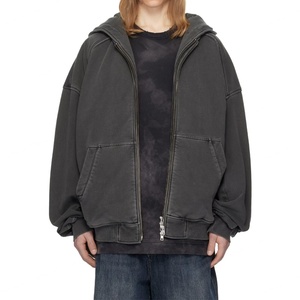 Sweat à capuche personnalisé pour homme, épais, coupe oversize, en molleton bouclette, épaules tombantes, coupe courte et carrée, ample, entièrement zippé, double couche, teint - Product Image 1