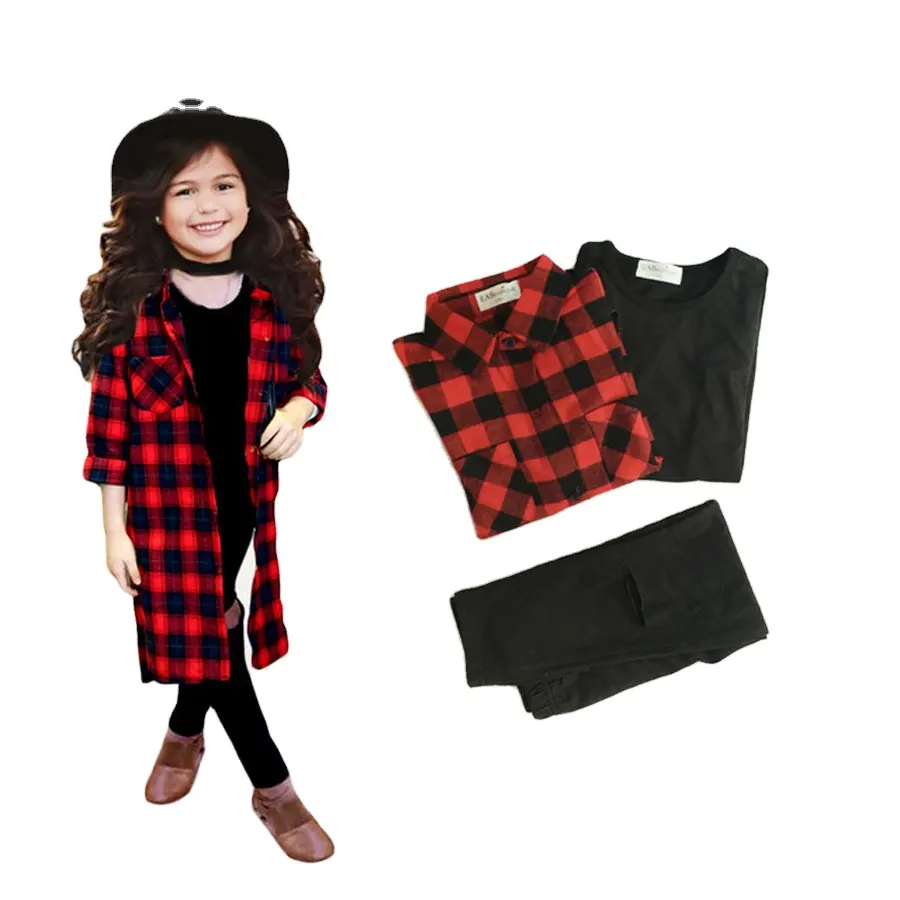 Winter Street Fashion Long Red Plaid Jacket with vest hole designs pants girls clothing set 3 piece