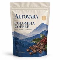 Sachet d'emballage imprimé sur mesure, pochette verticale refermable avec fermeture éclair pour grains de café colombien, marque privée, vente en gros