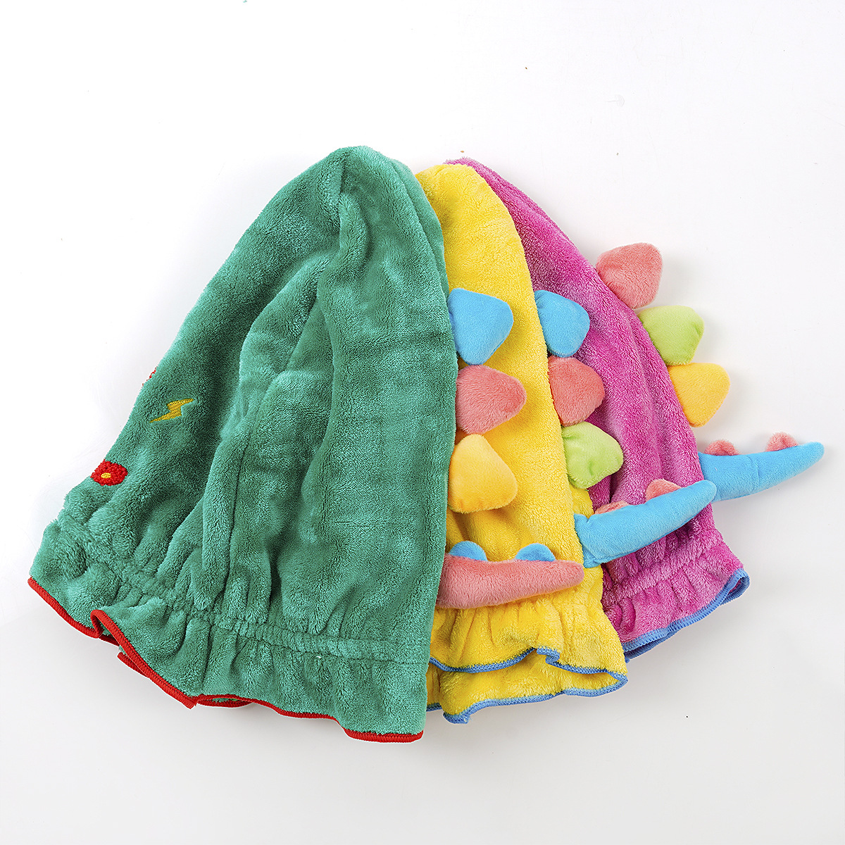 Bonnet de séchage pour cheveux dinosaure en polaire corail [Jaune]