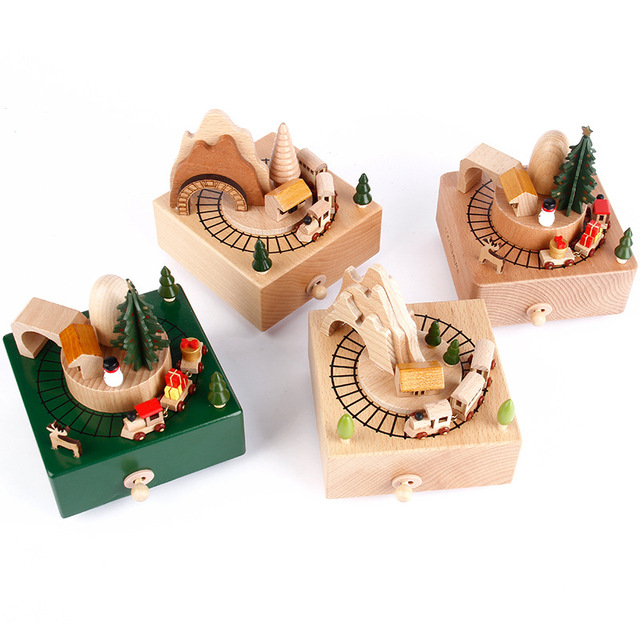 Custom New Square Wooden Music Box with Hand Crank Movement Merry Go Train Design Office Christmas Holiday Gift Box Packaging