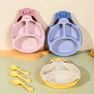 Direct Factory Wholesales Bamboo fiber plastic divided baby tableware plate 2 in 1 Children plate Set with spoon forks