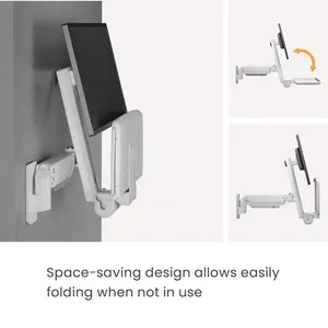 Soporte de pared de brazo de monitor de resorte de gas individual, estación de trabajo médica montada en la pared, estación de ordenador de pie con bandeja para teclado