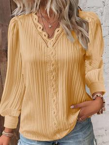 Automne haut Simple élégant rue Blouse lâche couture col en v à manches longues pull chemise femmes dentelle chemise - Product Image 6