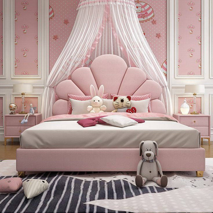 Cabecero de lujo tapizado con flores, cama de cuero para niños, cama moderna de terciopelo rosa para habitación de niñas con muebles de patas de metal dorado