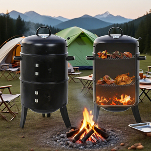Barbecue moderne au charbon <span class=keywords><strong>de</strong></span> bois - Fumoir rond <span class=keywords><strong>de</strong></span> style baril - Four à fumage lent pour viandes fumées à la américaine - Utilisation en plein air et en camping - Product Image 2