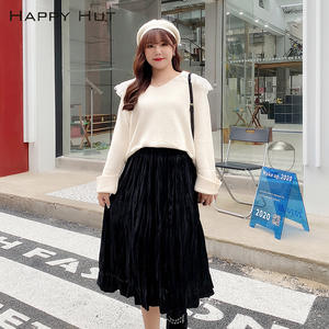 Falda Midi Plisada de Terciopelo para Mujer Talla Grande Happy Hut, Cintura Elástica, Color Negro Café N7891, Poliéster Sólido - Product Image 1