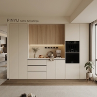 Armoire de chambre murale complète en composite chêne clair mat crème, unité de base encastrée pour machine à café avec tiroir