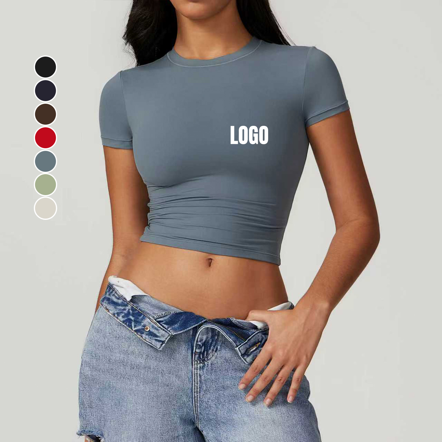Custom Women's Quick-Dry Crop Top Running Pilates Yoga T-Shirts Solid Color Short Sleeve Lightweight Casual Tight Training Tee