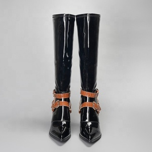 Marble Pattern Buckle Strap Big Size 43 Thin Heel Mirror Women Knee High <b>Boots</b> Back Zip Pointed Toe Dating Long for Lady - Product Image 4