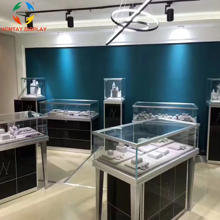 Bespoke Logo Luxury Jewelry Shop Retail Counter Furniture Modern Design Metal Frame Locking Jewelery Display Case