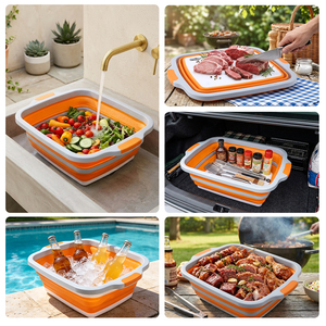 Planche à découper portable en silicone 3-en-1 avec panier <span class=keywords><strong>de</strong></span> lavage et <span class=keywords><strong>bac</strong></span> <span class=keywords><strong>de</strong></span> préparation pliable avec couvercle <span class=keywords><strong>pour</strong></span> pique-niques et camping en extérieur (8L, 16L, 30L) - Product Image 3