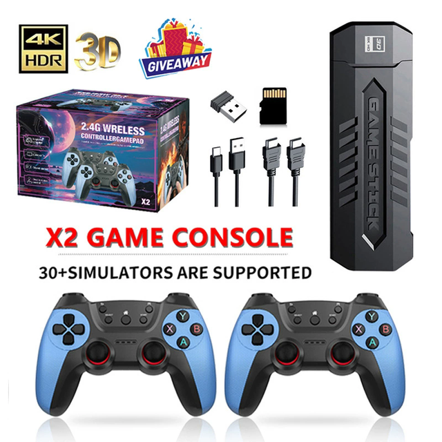X2 Blue Retro Game Stick 4K Plug and Play Video Game Console for TV 64G/128G/256GB Storage 2.4G Wireless Rechargeable Controller